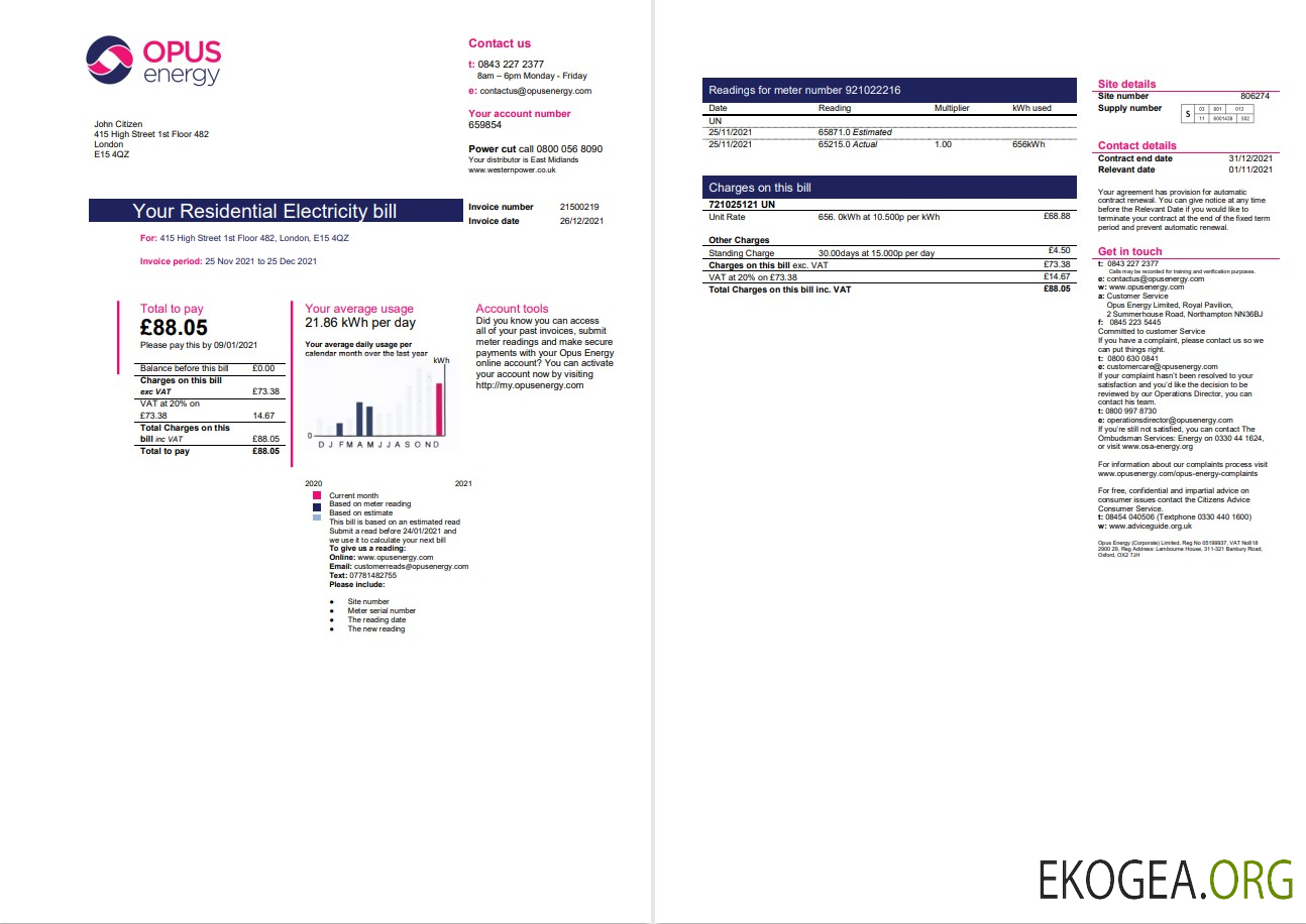 United Kingdom Opus Energy electricity utility bill template in Word and PDF format (2 pages)